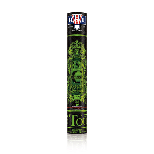 Professional-grade feather shuttlecocks RSL Classic Tourney for tournament-level badminton, 12-pack tube